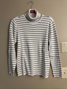 Appleseed's White and Black Striped Turtleneck Sweater
